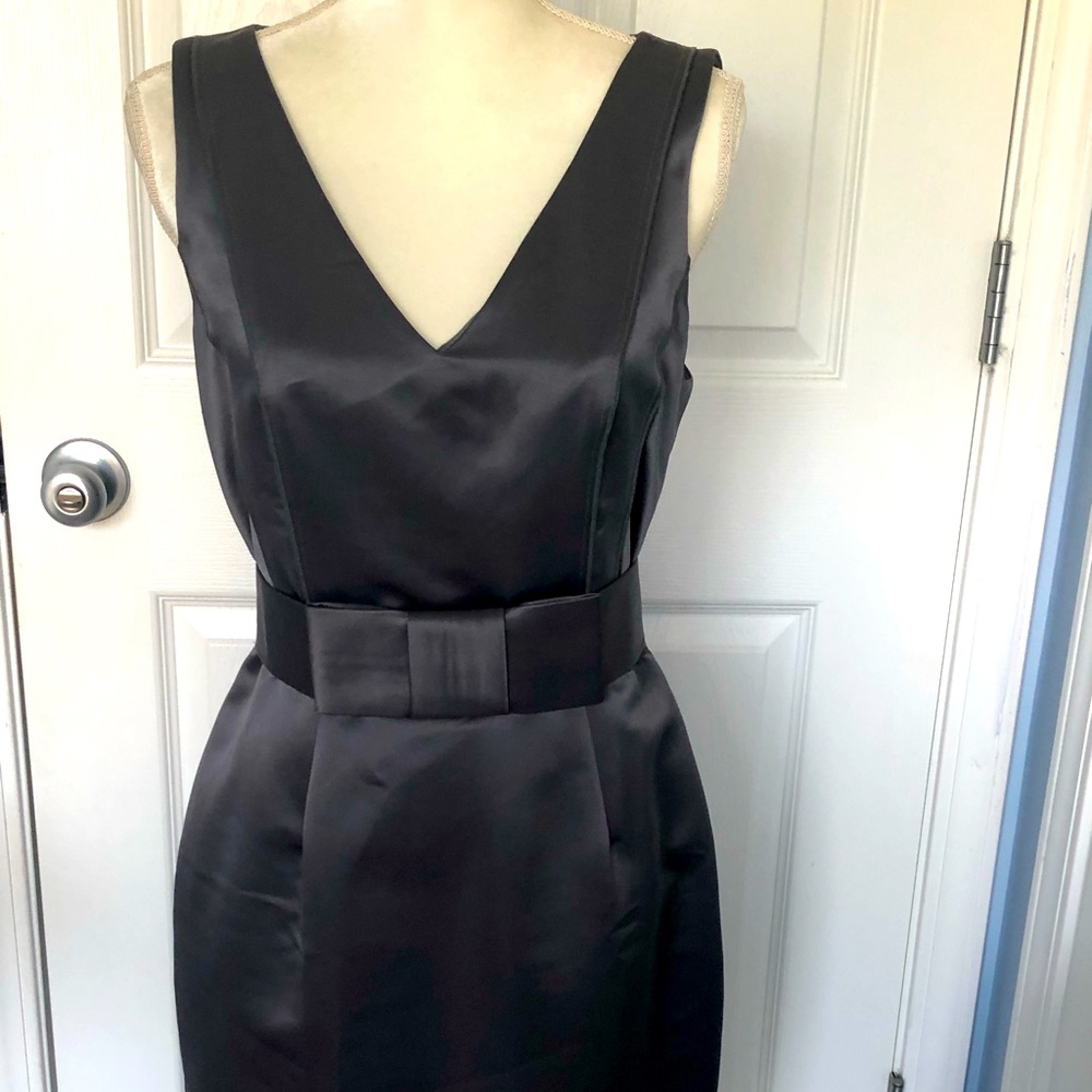 Semi formal classic satin grey dress with front bow design back zipper and belt